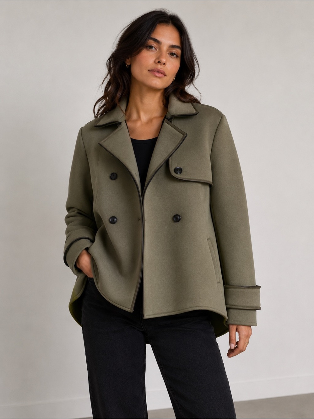 Katherine Barclay Montréal Olive Sculptural Hi-Low Jacket Coat